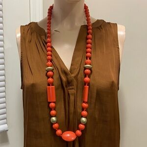 Talbots vintage orange lucite and gold chunky long beaded stringed necklace. Use